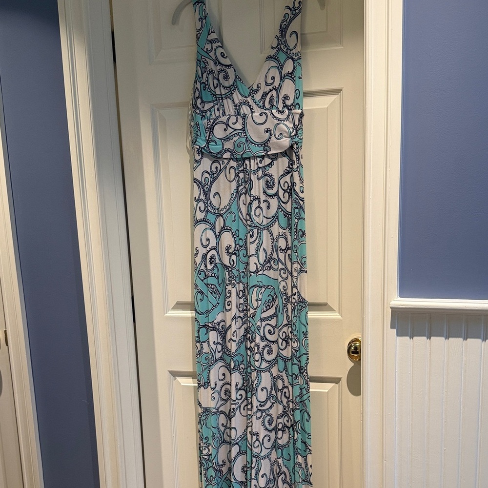Lilly Pulitzer Teal, Navy & White Sleeveless V-Neck Maxi Dress